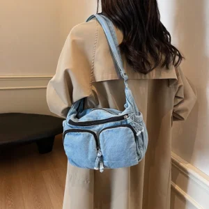 Denim Shoulder Bag Casual Retro Tote Bag Large Crossbody Bag Jean Purses for Women Work Shopping Travel